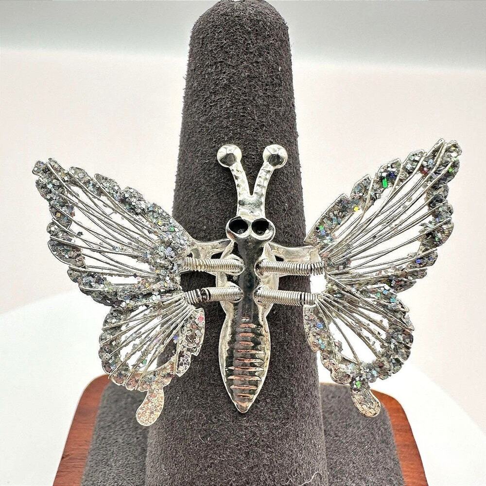 Vintage Silver Tone Butterfly Ring Iridescent Crystal Articulated Jewelry 90s